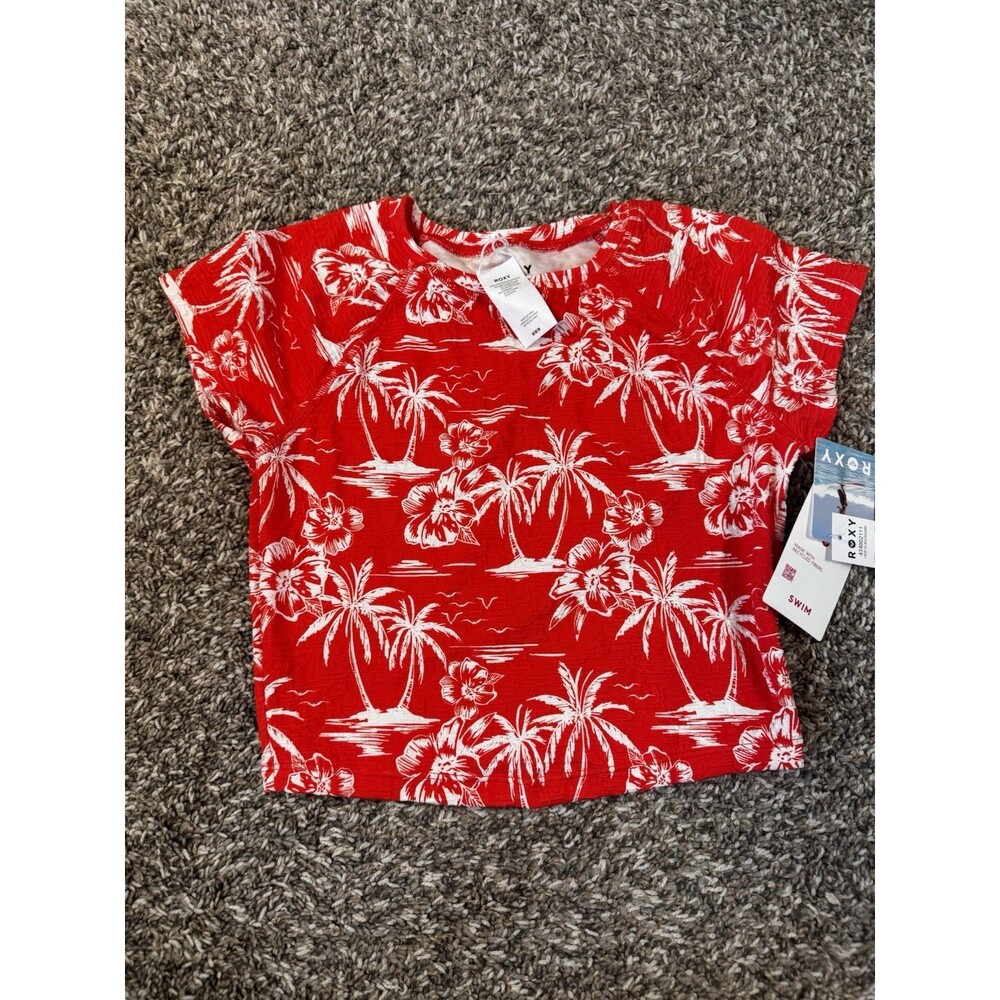 Roxy Womens M Crop Rash Guard Red White Tropical Floral Swim Surf NWT